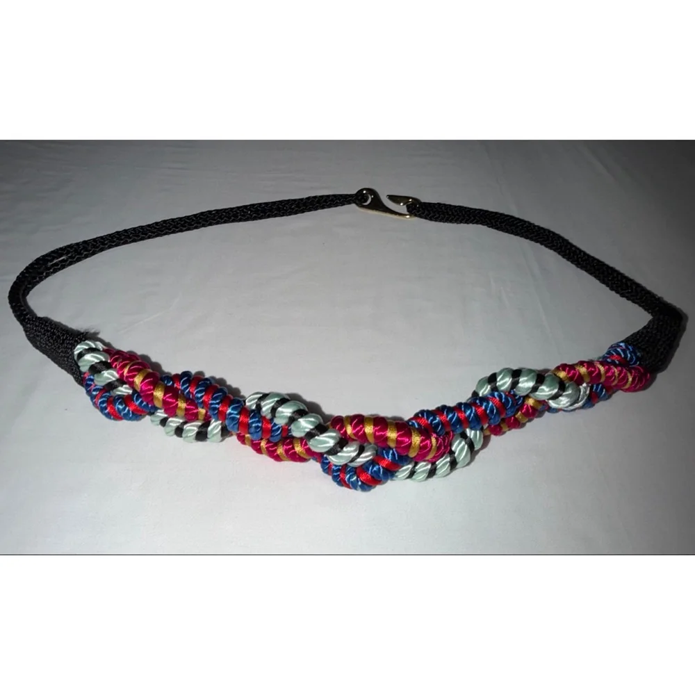 Vtg 80s Multi Color Braided Rope Belt L XL Jewel Tone Nautical Boho Avant Garde
